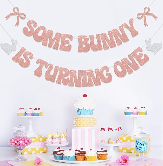 Some Bunny is Turning One Banner Some Bunny Is One Decorations Happy Easter 1st Birthday Party Decoration Supplies Rose Gold Glitter