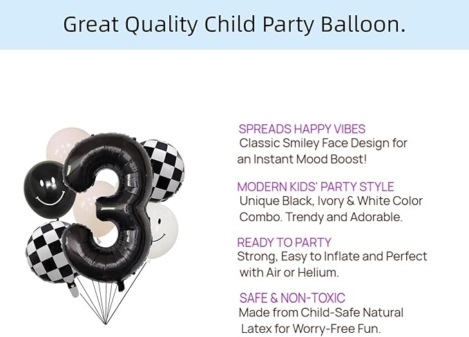 100% LIKED- 40” Black Three|Black & White Smiley Face Latex |Checkered Foil for Birthday Decorations, Smiley Face Party Deco, Baby Shower,3rd Birthday Party Supplies