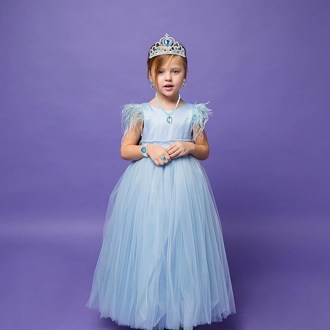 Princess Dress Up Party Accessories for Princess Costume Gloves Tiara Wand Necklace Earrings Bracelet and Ring Gift Set 9pcs (Blue, Set of 7, 9pcs)