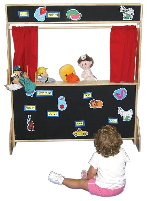 Wood Designs Deluxe Puppet Theater - Flannel Puppet Theater with 2 Chalkboards - Preassembled Sturdy Plywood Construction 2 Shelves - Round Edges for Kids Baby Safety Home Classroom Montessori School