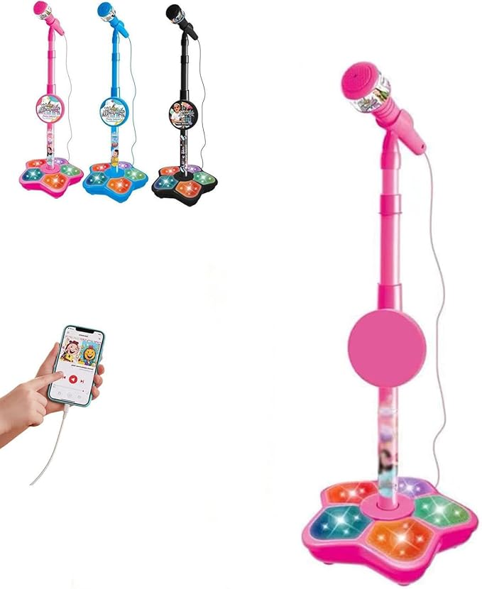 Star Microphone with Stand, 2026 New The All in One Microphone Toy with Stand Adjustable, Built-in Music, Colorful Lights&Echo Effects, Microphonetoy Karaoke Machine for Singing, Music Play (Pink)