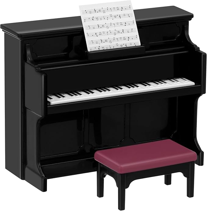HEALLILY Mini Dollhouse Piano: Black Plastic Dollhouse Piano and Stool Set with Music Sheet for Scene Shooting Props Doll House Decoration, 3.58 X 2.75 X 1.45 Inches