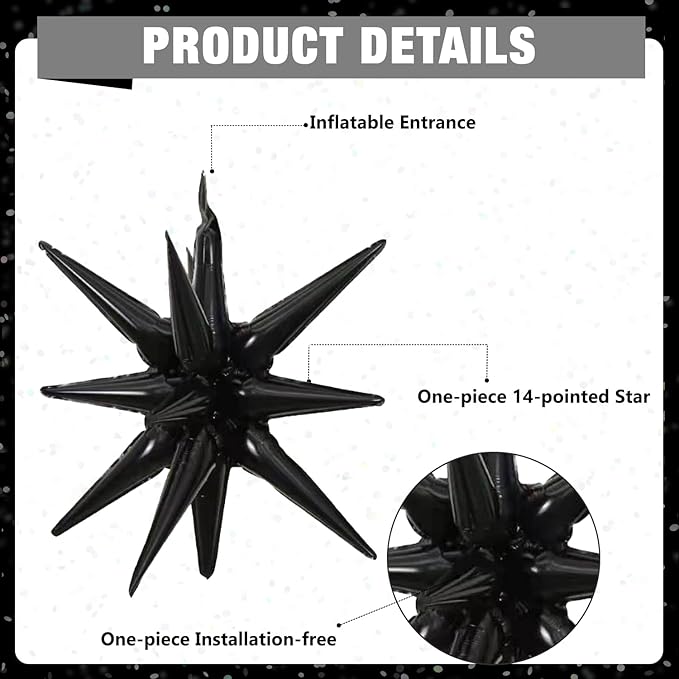 6 Pcs Black Star Foil Balloons One-Piece 14-Pointed Star Balloon 4D Starburst Cone Mylar Balloon 22inch Christmas Birthday Wedding Wedding Anniversary Party Supplies (22&27 Inches Black)