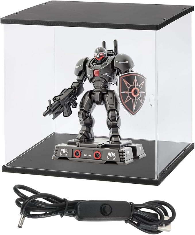 MECCANIXITY Clear Display Case, Acrylic Figure Display Case Clear Display Boxes for Collectibles, Figures Model Toys Home Storage(with Square LED Light, 8x6x6 Inch Black Base)