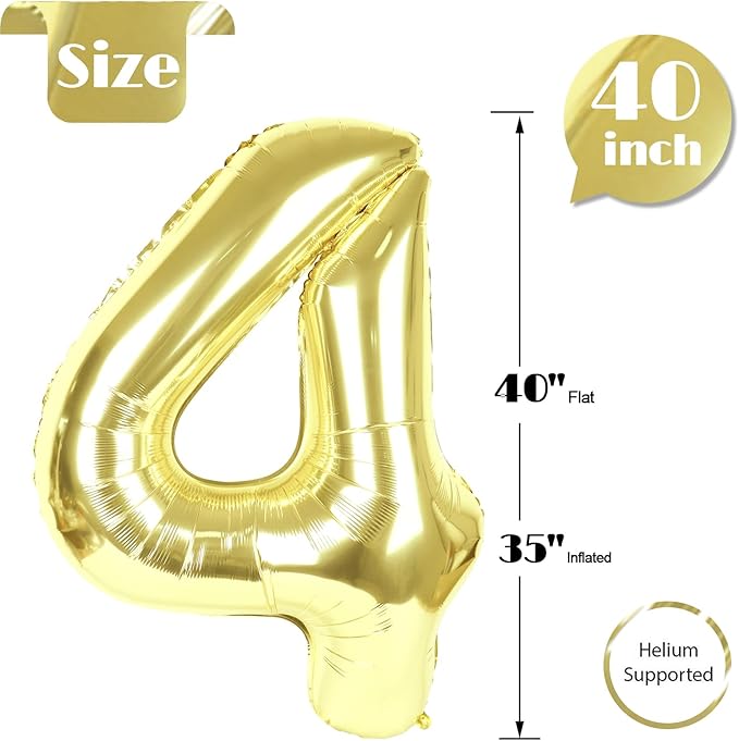 Champagne Gold 4 Balloon, Number Balloons 40 Inch, Light Gold 4th Birthday Decorations for Girls Four Large Numbers for Party Decor, Number 4 Balloon