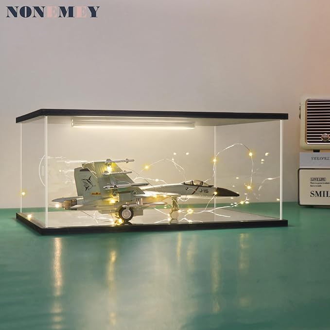 NONEMEY Clear Acrylic Display Case with Remote Control Light for Collectibles, Dustproof Model Showcase Organizer Box, Display Case for Collectibles (13.8x10x6inch,35x25x15cm)