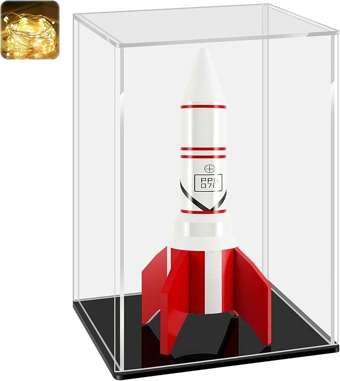LANSCOERY Acrylic Display Case, Assemble Showcase Display Box for Collectibles, with Dustproof & Seamless Display Design, 9.4x9.4x15.7inch Thick Black Base