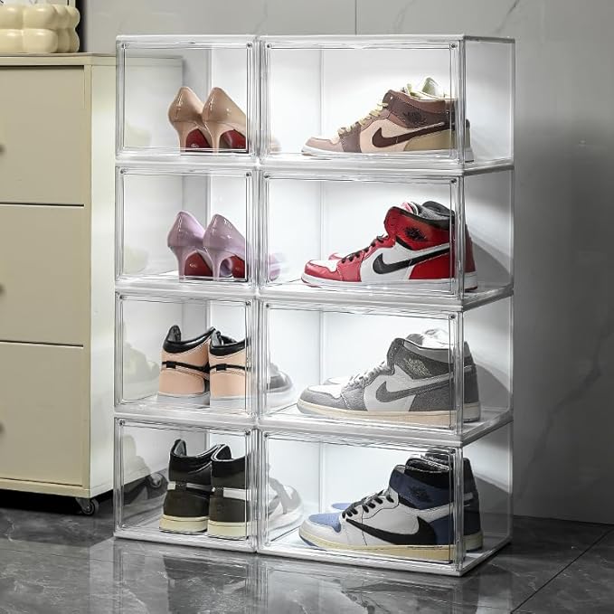 14.17"X10.63"X8.66" Acrylic Display Case with lights, Clear Storage Organizers Box with Magnetic Door, Dustproof Showcase for Handbags, Purses, Boots, Figures, Book