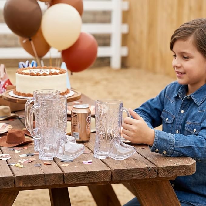 JoyServe Cowboy Boot Cups - (Bulk Pack of 12) 17oz Drink Mugs, Reusable BPA-Free Plastic Drinking Mug Cups for Kids, Western Themed Rodeo Birthday Party Decorations and Supplies
