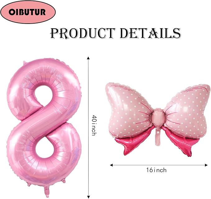 40 inch Number 8 Balloon with Bow Pink Happy Birthday Jumbo Number Balloon for Girls Daughter Birthday Decorations Party Supplies (Number 8)