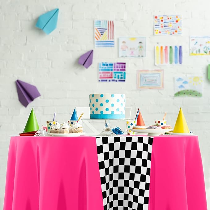 Oudain 3 Pcs Cars Birthday Party Supplies Racing Party Decorations Round Racing Tablecloth Checkered Flag Table Covers Road Plastic Table Cloth, 1950s Disco Dancing Party Tablecloth (Pink)