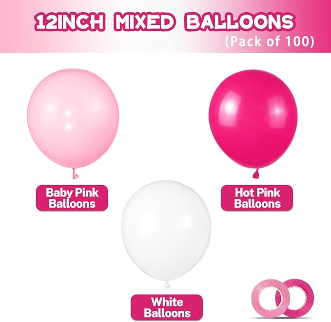 Pink White Balloons 100pcs 12 inch Hot Pink Pastel Pink White Balloons with 2 Ribbon for Mother's Day Valentine's Day Girl's Woman's Birthday Bridal Shower Wedding Party Decorations