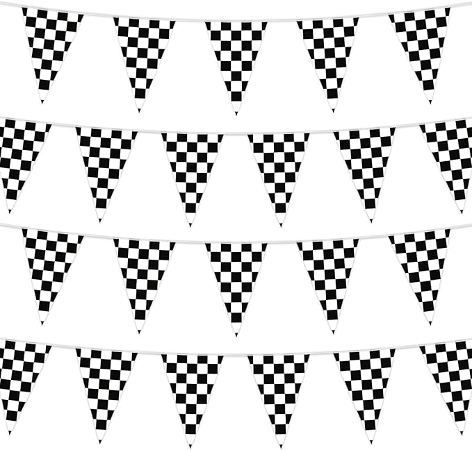 HOOSUN Checkered Flag Banner Race Cars Birthday Decorations,98 Ft 48 Pcs Checkered Flag Party Supplies,Racing Flags Decorations,Black and White Race Car Flag Pennant Banner for Nascar Cars Theme Party