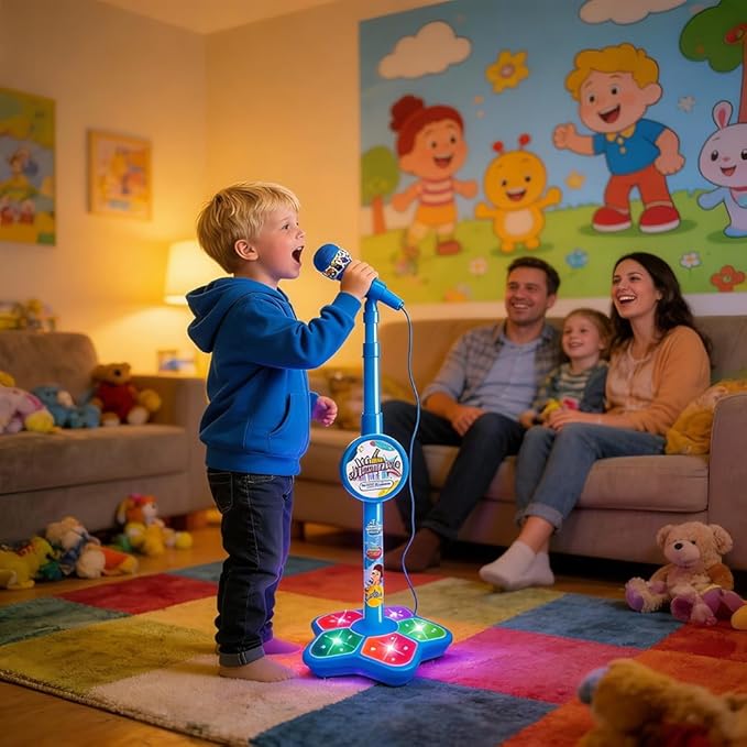 2026 New Star Microphone with Stand, Built-in Music & Colorful Lights, Echo Effects Portable Karaoke Machine, Kid-Friendly Singing Toy for Music Play (Blue)