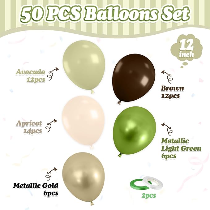FunHot Sage Green Brown Balloons, 50 Pcs Safari Balloons, Metallic Green Apricot Latex Balloon, 12 Inch Jungle Balloon for Boy Baby Shower Forest Birthday Camo Wild Woodland Party Decorations