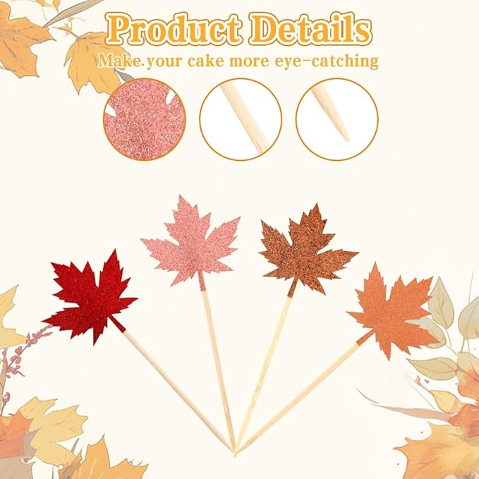 Fall Thanksgiving Cupcake Toppers, 24 PCS Glitter Maple Leaf Cupcake Toppers Cake Decorations, 4 Colors Maple Leaf Food Picks for Fall Autumn Thanksgiving Day Themed Party Decoration Supplies