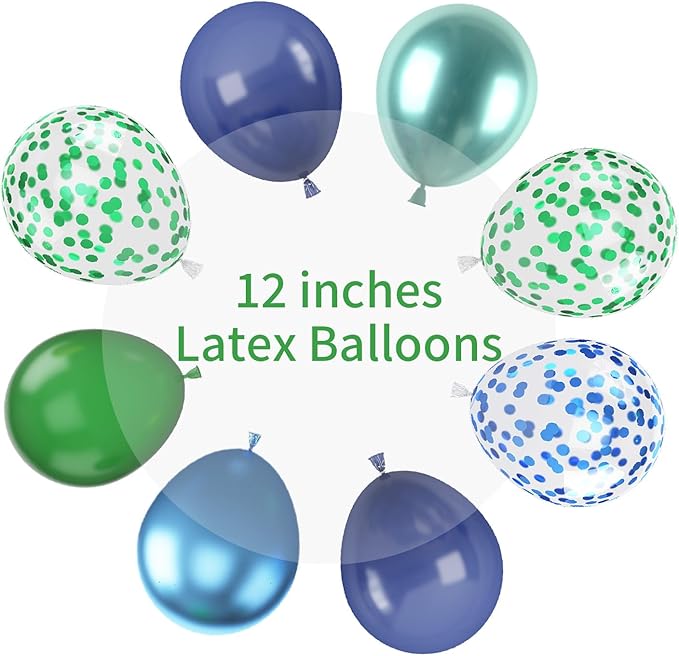 Blue and Green Balloon Set, 12 Inch Navy Blue Dark Green Balloons Metallic Chrome Ballons, Confetti Green Blue Balloons for Jungle Safari Theme Boys Birthday Party Decorations