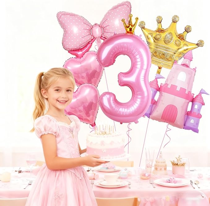 Princess Balloons for 3rd Birthday Decorations for Girls Pink Castle Balloons Large Pink Crown Number 3 Balloon for Princess Birthday Party Decor Supplies
