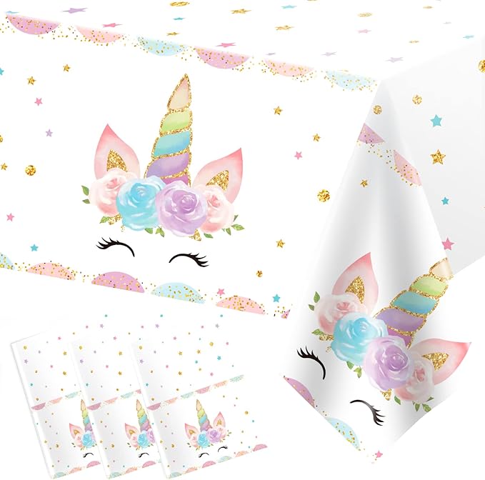 3PCS Unicorns Tablecloths for Birthday Decoration, Plastic Disposable Rectangle Table Covers for Kids Girls Baby Shower Party Supplies, 54" x 108"