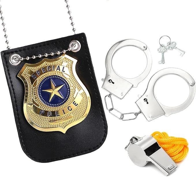 Police Pretend Set for Halloween Dress Up Pretend Play Police Badge，Whistle, Sheriff Badge, Handcuffs Set
