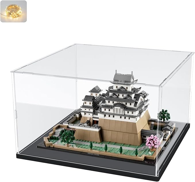 Thickened Clear Acrylic Display Case for Lego 21060 Himeji Castle for 75357 Ghost Phantom II for 60413 21327 Collectibles, Transparent Dustproof UV Protection with Light, Black Inside 13.8x13.8x7.9in