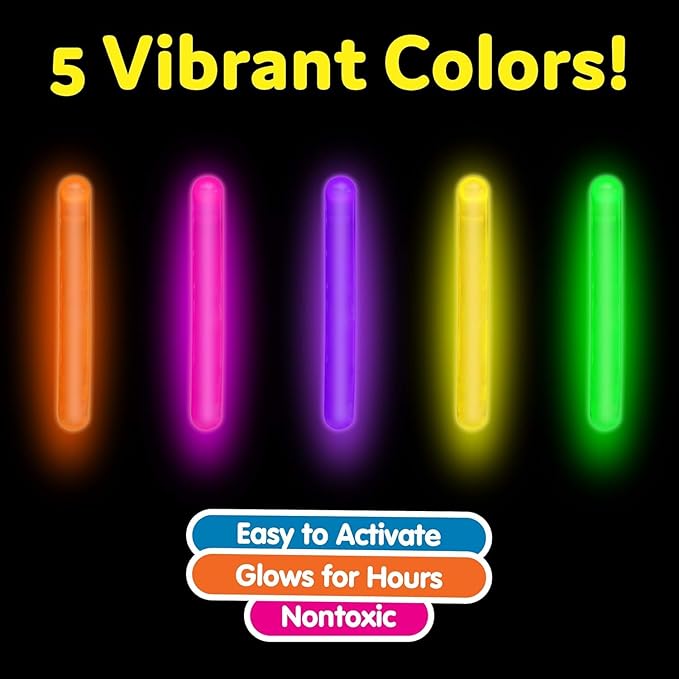 PartySticks Mini Glow Sticks 100 Pack Glow-in-the-Dark Small, for Easter Eggs, 5 Colors, Neon Light Sticks Bulk Party Favors, Easter Basket Stuffer Party Pack, Weddings Classroom Decorations Prizes