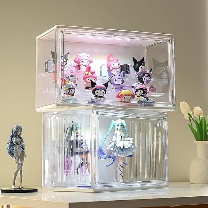 3 Tiers Clear Display Case with Lights, Acrylic Storage Organizers Box with Magnetic Door, Acrylic Dustproof Showcase for Collectibles Action Figure((1, White Large)