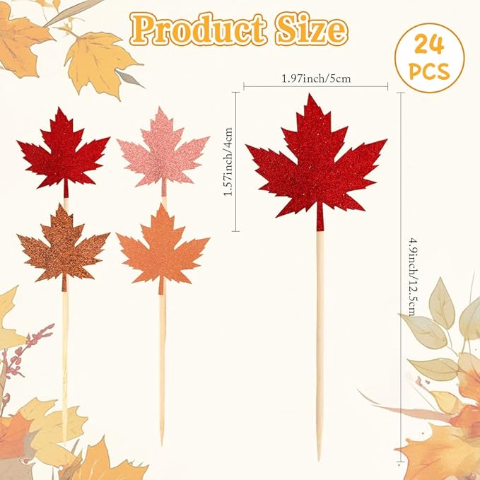 Fall Thanksgiving Cupcake Toppers, 24 PCS Glitter Maple Leaf Cupcake Toppers Cake Decorations, 4 Colors Maple Leaf Food Picks for Fall Autumn Thanksgiving Day Themed Party Decoration Supplies