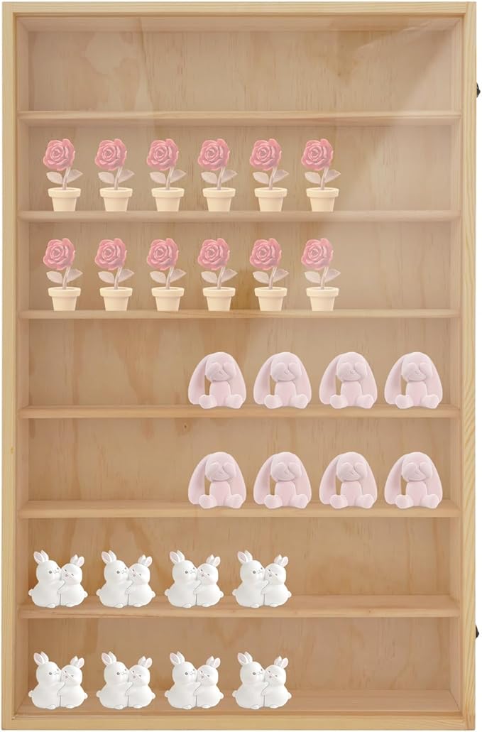 7 Tier Wall Mount Display Case, Wooden Wall Mount Display Case with Acrylic Glass Door and Metal Latch, Wall Mountable Shelving Unit for Action Figures Collectibles Toys Model Cars