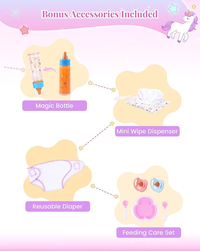 BABESIDE 13PCS Baby Doll Accessories, Baby Doll Diaper Bag with Magic Bottles, Changing Mat,Diapers & Carrier, Pretend Play Doll Care Set for 12-15 Inches Dolls Kids Gift, Pink