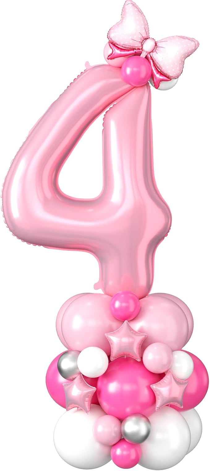40 Inch Pink Number 4 Balloon for 4th Birthday Decoration Pastel Baby Pink Number Four Foil Balloon Tower Giant Large Digit Hot Pink White Helium Balloons Stack Stand for Girls Anniversary Party