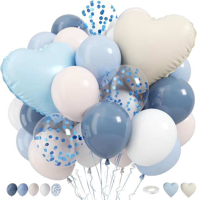 Dusty Blue Balloons, 12Inch Retro Ice Mist Blue Sand White Boho Balloon with Heart Foil Balloons for Netural Gender Reveal Bridal Birthday Wedding Party Decorations