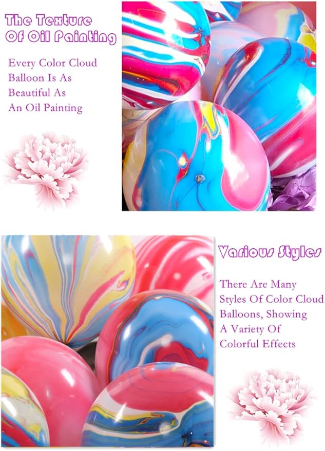 Rainbow Tie Dye Balloons 100PCS 12 Inch Agate Marble Latex Swirl Balloons For Tie Dye Birthday Party Supplies,Candyland,Bachelorette,Fun Hippie Party Decorations(Color Clouds)