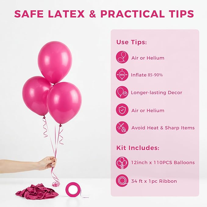 LovesTown 110PCS Hot Pink Balloons, Hot Pink Latex Balloon for Girls Women Birthday Baby Shower Graduation Engagement Anniversary Wedding Princess Theme Party Supplies Decoration,12 Inches