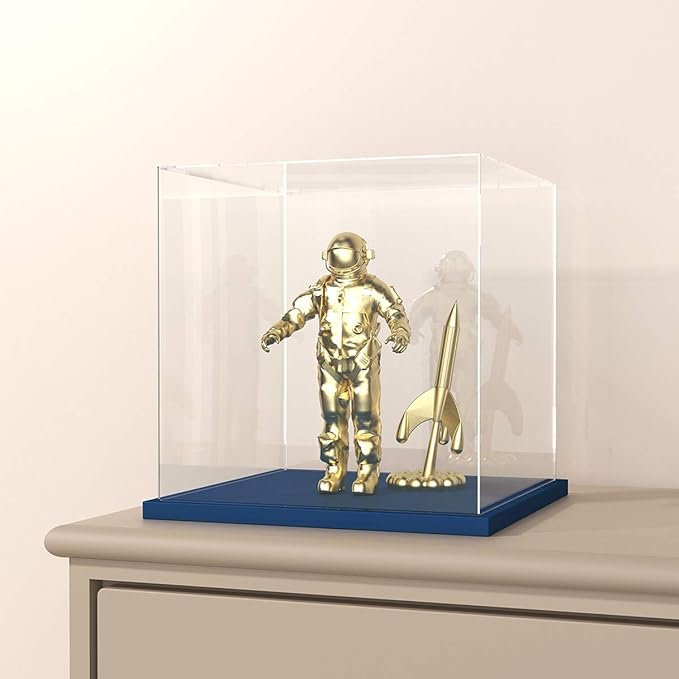 Acrylic Display Case with Navy Blue Velvet Base, 6 Inch x 7 Inch Simple Self-Assembly Clear Acrylic Box with Lid, Cube Countertop Box for Display, Collectibles, Home (6x6x7.87 inch)