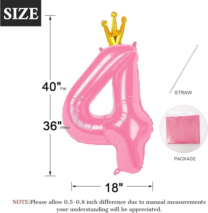 40 Inch Pink Number Balloon 0-9(Zero-Nine) with Crown, Big Size Happy Birthday Balloon, Foil Helium Big Number Balloon for Birthday Party,Wedding, Anniversary (PINK 4)