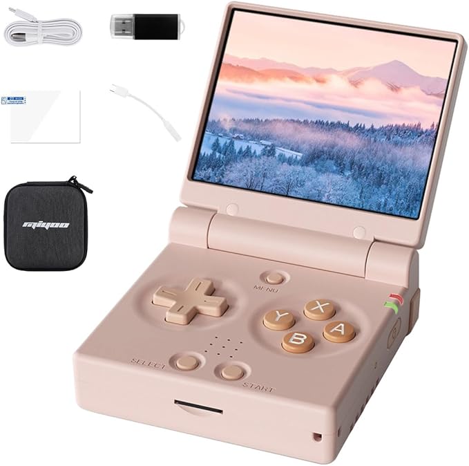 Miyoo Mini Flip Retro Game Console,2.8 Inch IPS Classic System and 2500mAh Battery Video Games Consoles,with Linux System and Wireless Networt Handheld Console Casual Game Console-No SD Card(Pink)