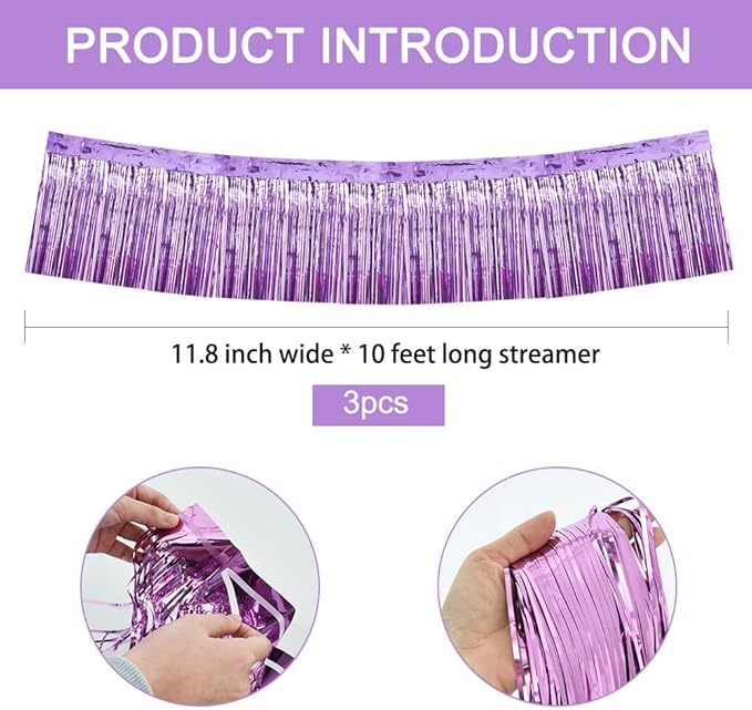 BEISHIDA 3 Packs Metallic Foil Fringe Garland Light Purple Wall Hanging Tinsel Fringe Banners for Car Floats Bridal Shower Wedding Birthday Easter Graduation Holiday Party Decoration(30 Feet)