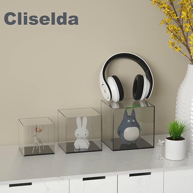 Cliselda Acrylic Display Case with Black Base 6x6x6 inch, Clear Square Acrylic Box Cube Small Storage Containers, Fully Assembled Dustproof Plastic Display Box for Collectibles Action Figures