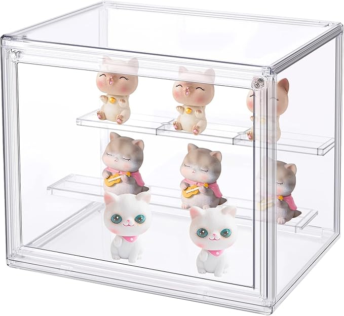 Premium Acrylic Display Case for Figures (10.6" x 7.1" x 8.7") 3 Layer Clear Display Box with Adjustable Dividers & Magnetic Door, Stackable Action Figure Showcase for Funko Pop, Mini Collectibles
