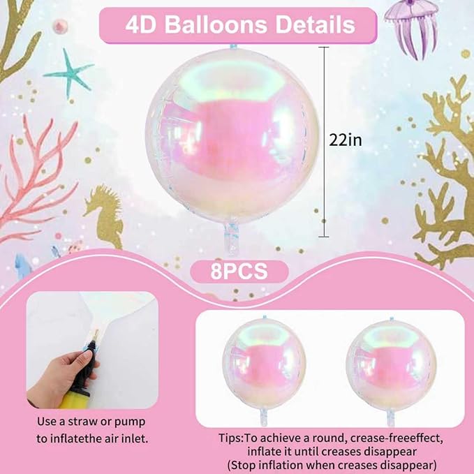 TONIFUL 8Pcs 22Inch Large Iridescent 4D Giant Round Foil Balloon 4D Metallic Mylar Sephere Balloons for Christmas New Year Birthday Party Graduation Wedding Bridal Shower Decoration Supplies