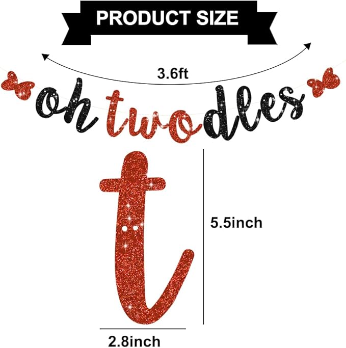 Glitter Black Red Oh Twodles Banner Pre-Strung Mouse Themed Cartoon Party Sign Garland 2nd Baby Birthday Decorations Birthday Party Supplies for Boys Girls,NO DIY