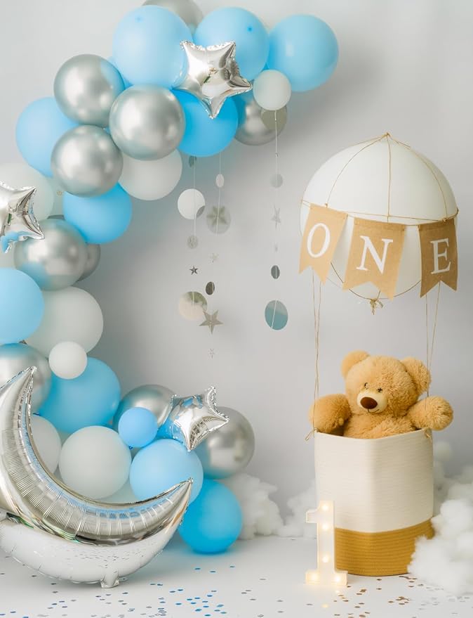 Blue White and Silver Balloons - Over The Moon Baby Shower Decorations with String Lights, Moon and Star Balloon for Boys Girls Twinkle Twinkle Little Star Gender Reveal Decorations