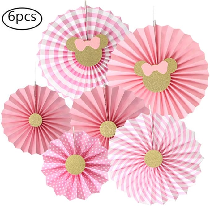 38pcs Minnie party supplies Decor Pink and Gold Minnie Paper Fans Minnie Garland Minnie Happy Birthday Banner Balloons for Girls 1st 2nd 3rd Birthday Decor