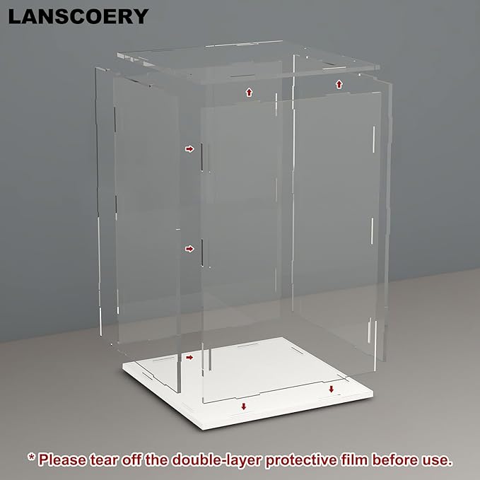 LANSCOERY Acrylic Display Case, Assemble Small Showcase Display Box for Collectibles, with Dustproof & Seamless Display Design, 4.7x4.7x7inch White Base