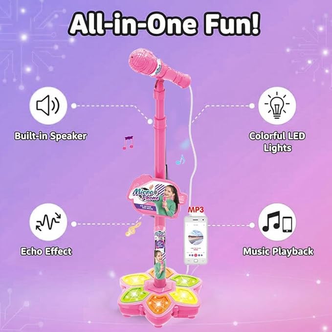 Adjustable Kids Karaoke Microphone with Stand, Extends up to 39.4” Height, Detachable Handheld Mic with LED Light Base & Type-C Adapter, Compatible with Android/iOS/PC for Singing & Parties