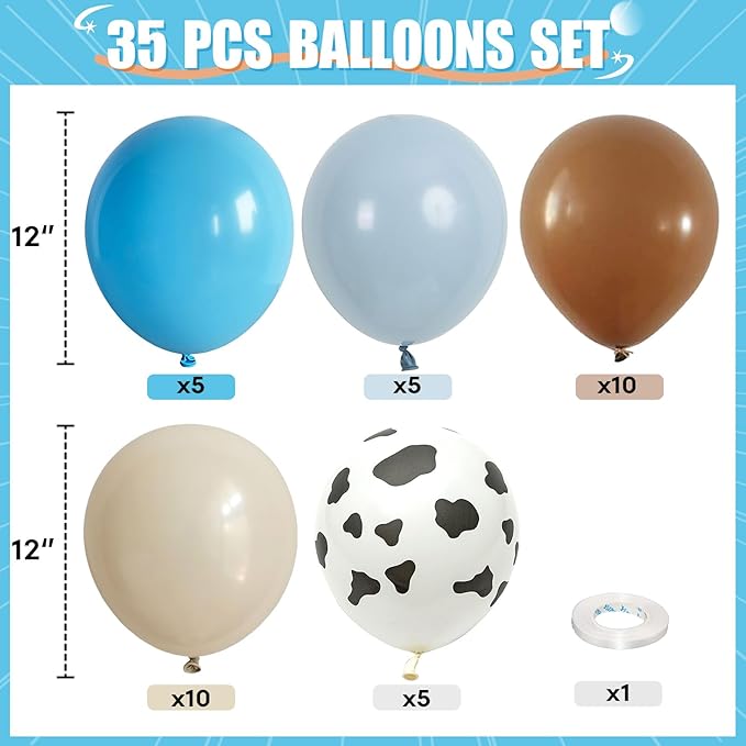Cow Print Balloons, 12Inch Light Blue Brown and Cow Sand Balloons for Boys First Rodeo Birthday Cowboy Baby Shower Farm Western Country Party Decorations