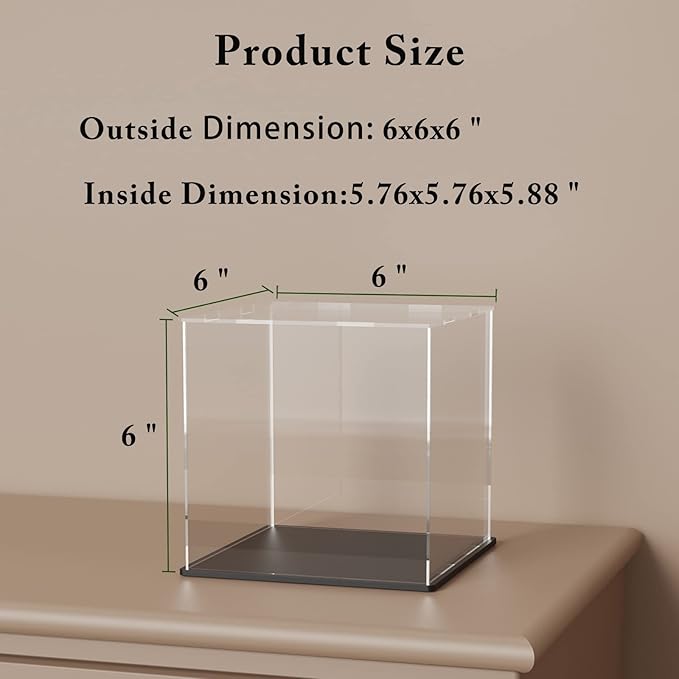 Acrylic Display Case With Black Base, 6 Inch Square Box for Showcase, Countertop Display With Lip for Collectibles, Toys, Home Organization (6x6x6 Inch)