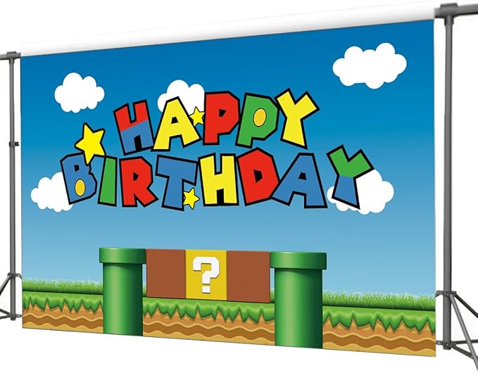 Super Bros Happy Birthday Party Backdrop, Baby Shower Cake Table Decoration Supplies, Super Bros Themed Banner (5X3FT)