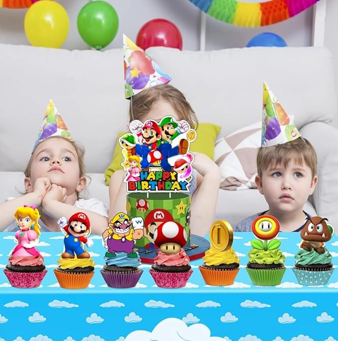 25Pcs Mario Cake Decorations with 24pcs Cupcake Toppers, 1pcs Big Cake Topper for Mario Birthday Party Supplies